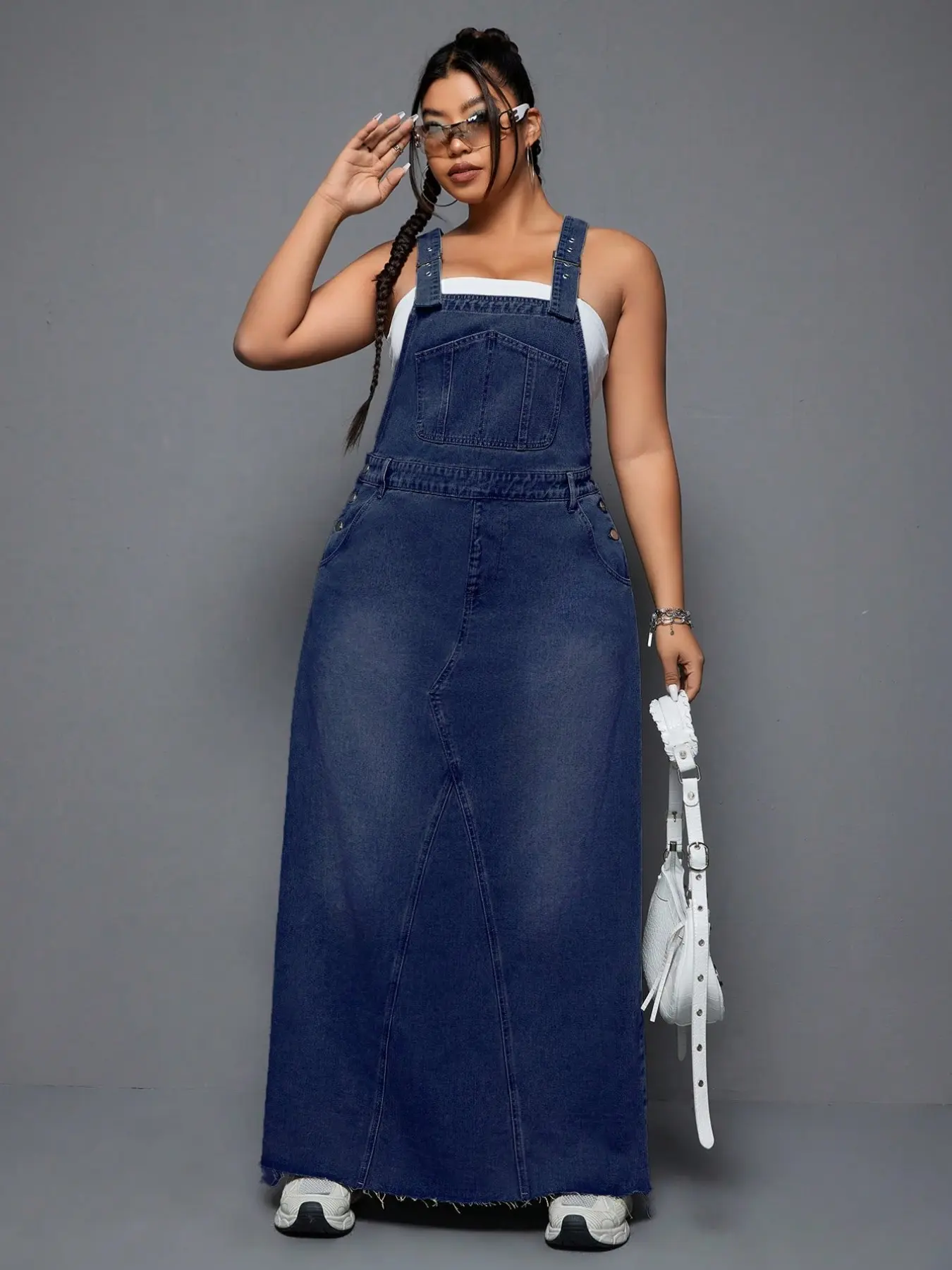 Plus Size Backless Long Denim Dress, Loose-Fit Vintage Washed Denim Dress with Frayed Hem, Casual Summer Dress for Everyday Wear, Flattering Womenswear