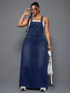 Plus Size Backless Long Denim Dress, Loose Fit Vintage Washed Denim with Frayed Hem, Flattering Casual Summer Dress for Everyday Wear, Womenswear