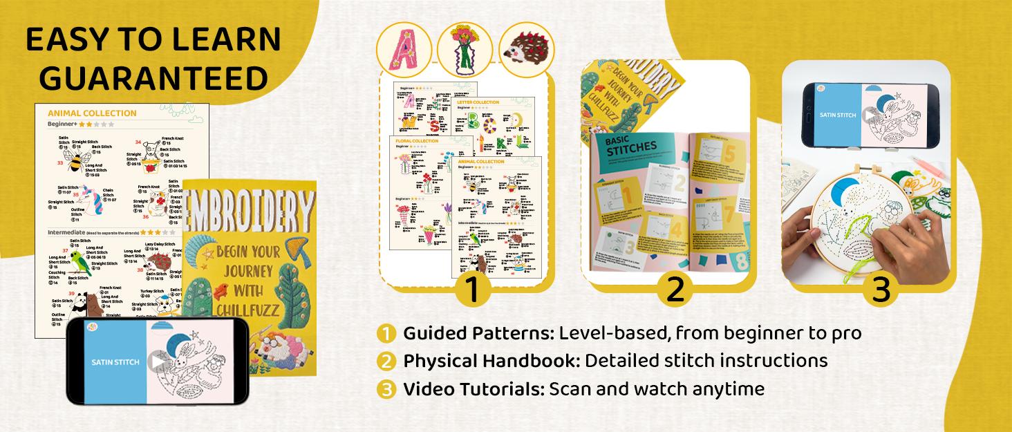 Complete Embroidery Kit for Beginners & Adults with Printed Water-Soluble Patterns, Threads, Fabric, Tools & Video Tutorials, Easy DIY Craft Kit for Learning Stitches, Accessories & Handmade Gifts
