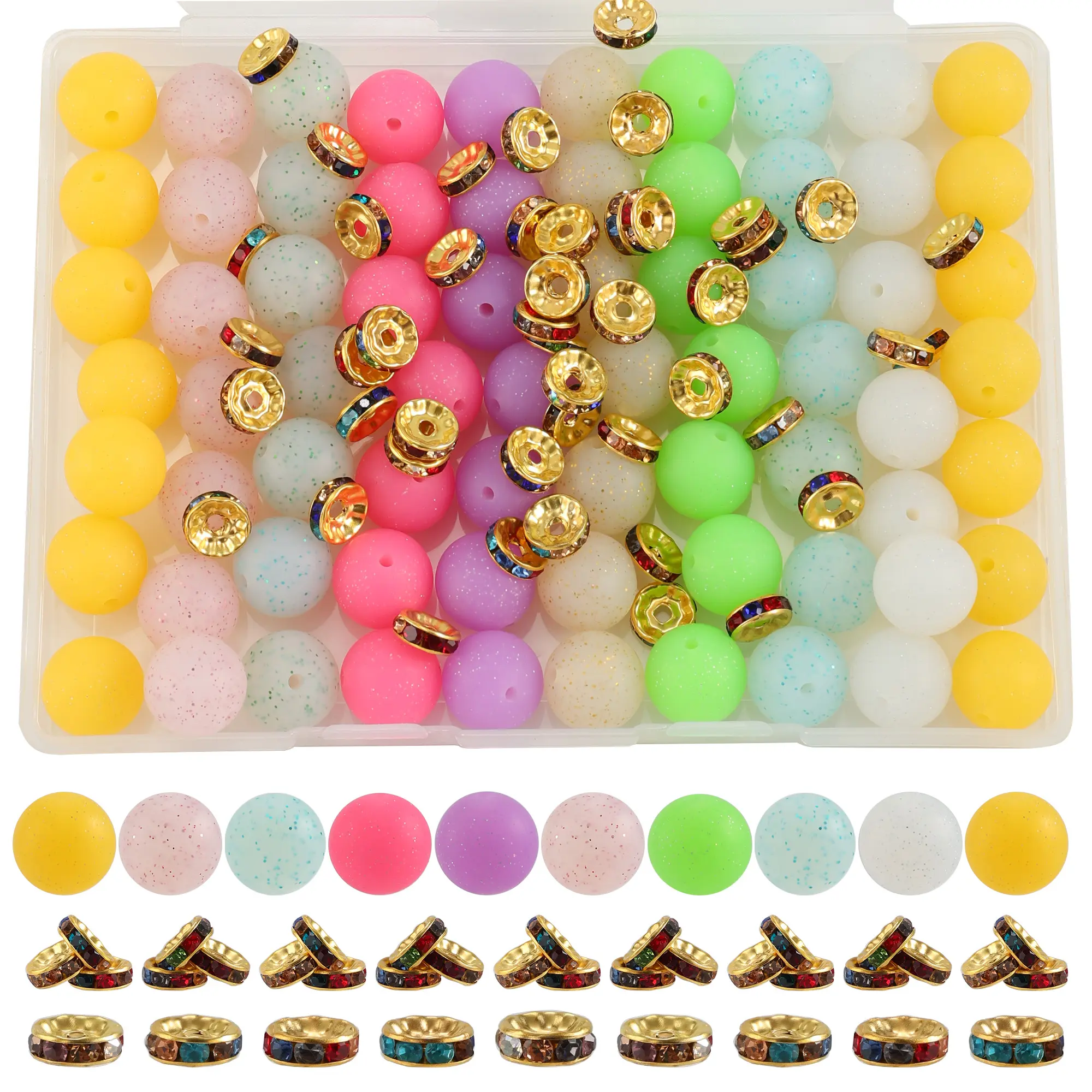 100 pieces - Multi-color dispersion powder silicone beads and metal spacer pieces, suitable for jewelry making, key ring and keychain accessories production