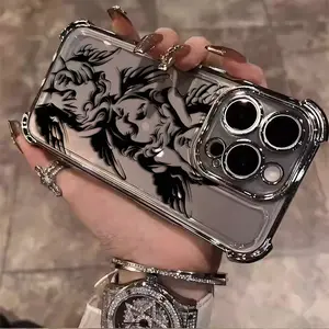 Black Angel Cupid God of Love Sacred Pattern Creative Design Exquisite Electroplating TPU Shell Suitable for iPhone 17 Pro Max Phone Case 17 Air 16 E 15 Plus 14 13 12 11 X XS XR, Samsung Galaxy S22 S23 S24 S25 ULTRA FE Plus EDGE