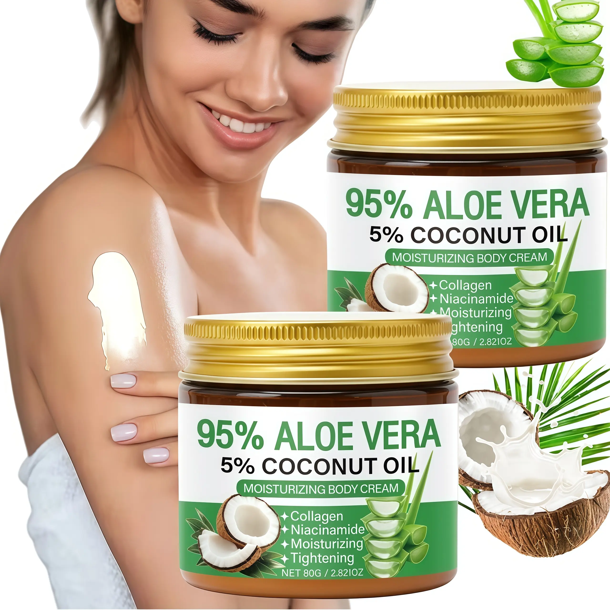Set of 2 body moisturizers rich in aloe vera and coconut oil, suitable for dry skin, providing deep hydration—essential for autumn/winter. Body lotion and face cream for everyday skincare.
