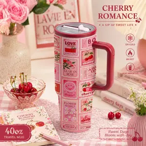 1 Pc 40 Oz Cherry Collage Romantic Cherries Stainless Steel Insulated Tumbler with Handle and Lid, Double Wall Vacuum Thermal Cup, Hot 12H/ Cold 24H, Vintage Sweet Aesthetic, Perfect for Daily Use and Gift.