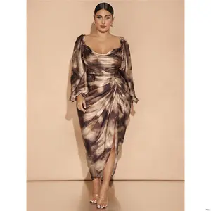 Chocolate Party Sleeve Long With Slit Ruched Neck Draped s ' Women Size Plus tiktok BAE Elegant Party Date Asymmetrical Hem Dress Green Floral Satin Fall Winter Halloween Dress