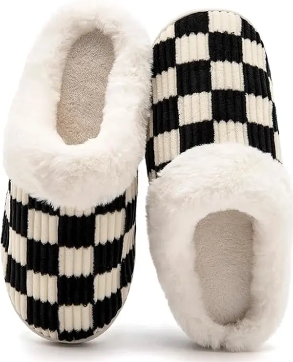 Women's Checkered Fluffy Warm Winter Closed-Toe Slippers - Soft Sole Cozy Bedroom Cotton Footwear, Slippers for Women