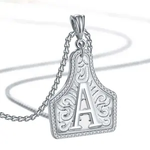 Denim embossed letter necklace with silver engraved pattern box chain, perfect for everyday wear.