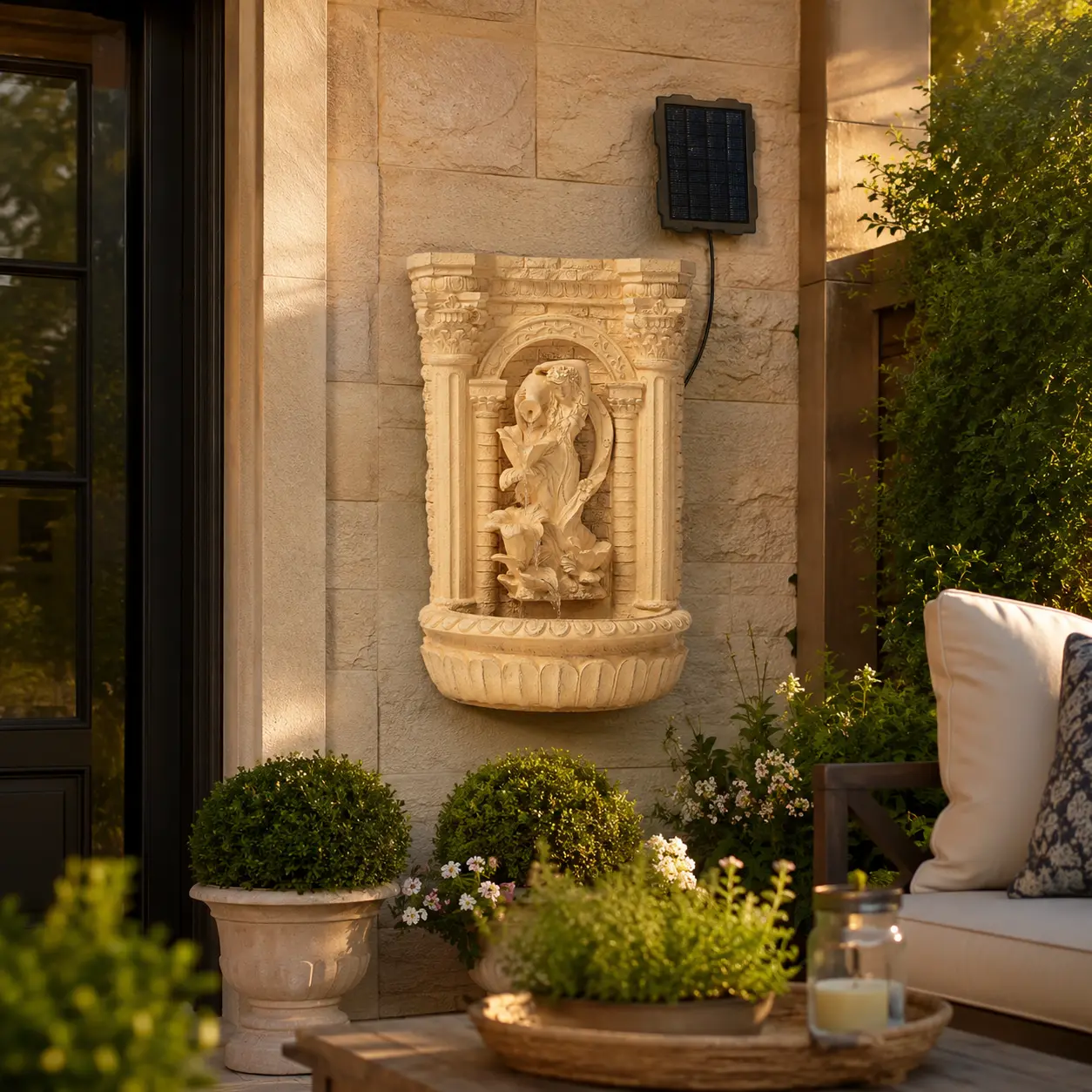 Solar Wall Fountain for Outdoor Garden – Maiden Pot Design, 30.3" Brown Resin