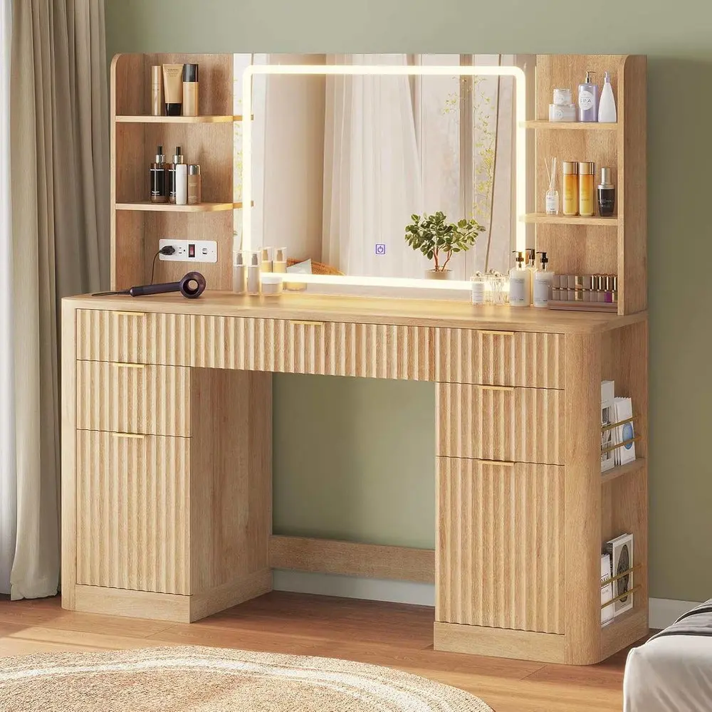 Sikaic 51.2" Fluted Makeup Vanity Desk with Large 30.3" Mirror and Lights, 5 Drawer Vanity with Power Strip, 6 Open Shelves, 2 Cabinets, Modern Dressing Table with Solid Wood Legs for Bedroom, Oak