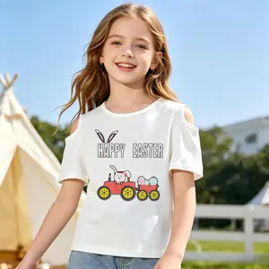 Girls Off Shoulder Short Sleeve T-shirt Cotton Farm Animal Tractor Print Casual Summer Top