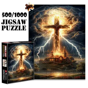 1pc 1000 piece adult puzzle 70x50cm Giant Cross with Lightning over Church Scene 500 pieces of paper jigsaw puzzle, suitable for adults and families, large-scale DIY puzzle interactive toy games, Creative Puzzle