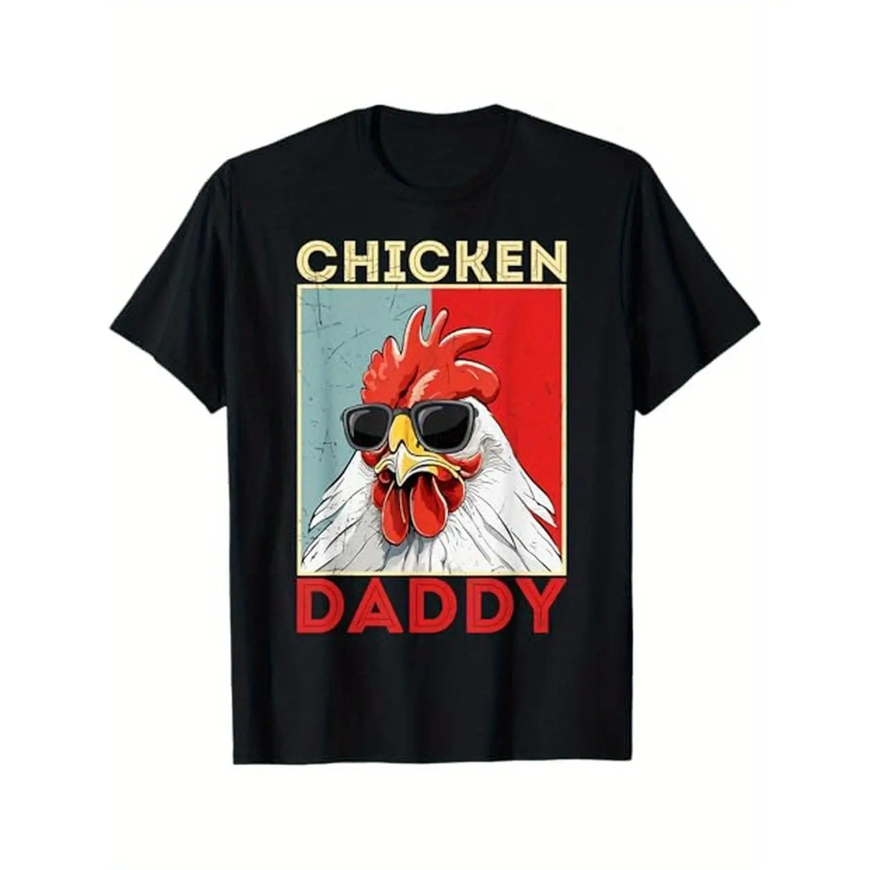 Retro Rooster Graphic T-Shirt, 100% Cotton 'Chicken Daddy' Tee for Men, Casual Unisex Short Sleeve Streetwear Top for Farmers, Apparel, Shortsleeve, Basic, Classic, Fabric, Menswear, Round Neck
