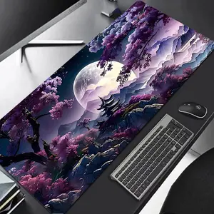 Purple Cherry Blossom Moon Mountain Extended Mouse Pad | Japanese Fantasy Landscape Desk Mat | Oversized Non-Slip for Gamers & Art Lovers | Mystical Night Aesthetic | Ideal for Gaming Setup #JapaneseFantasy #CherryBlossom #PurpleMoon #MysticalLandscape