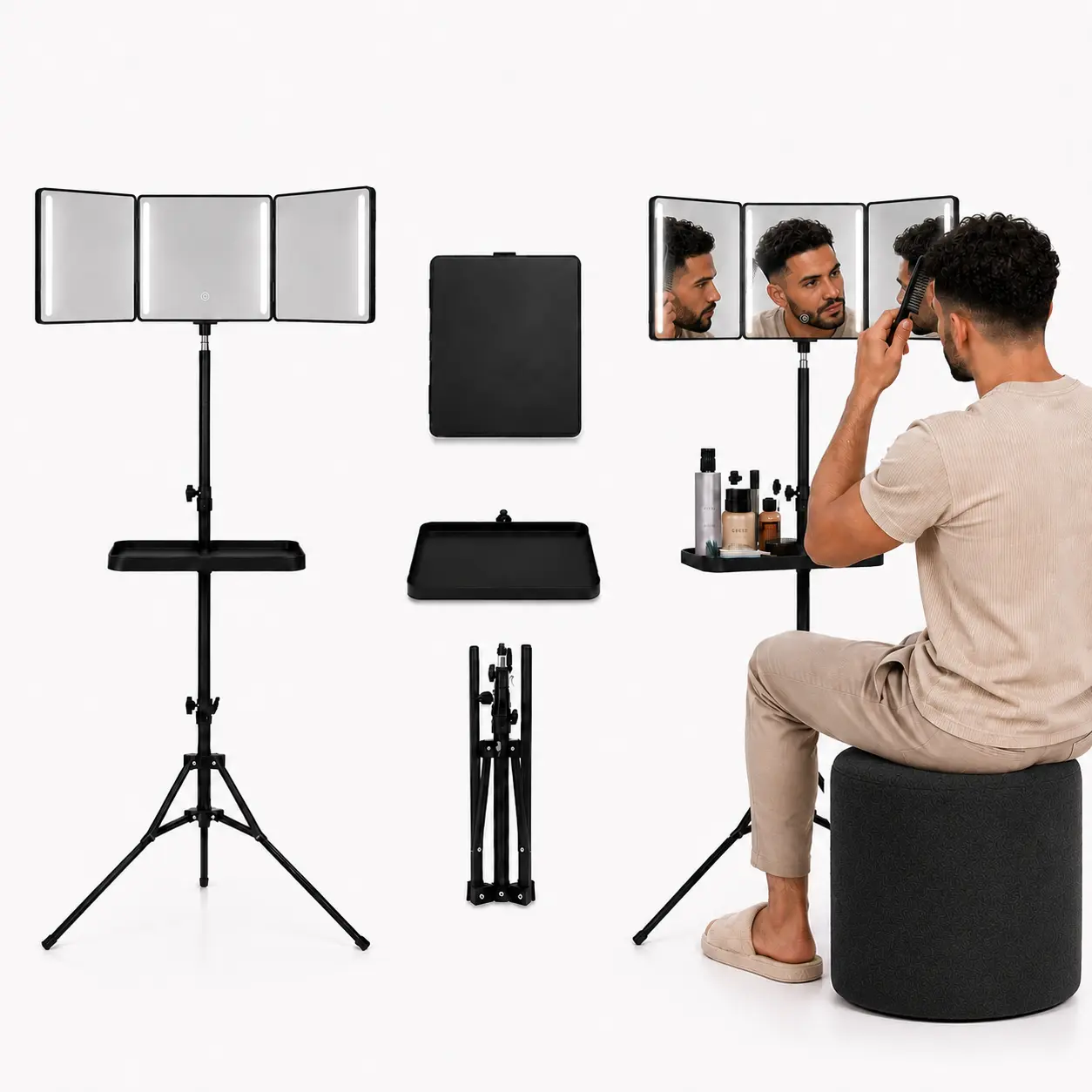 360° 3 Way Hair Mirror with 4 LED Lights, Adjustable Tripod Stand and Clamp On Tray, Foldable Cordless Rechargeable Mirror for DIY Hair Styling, Braids, Haircuts and Grooming