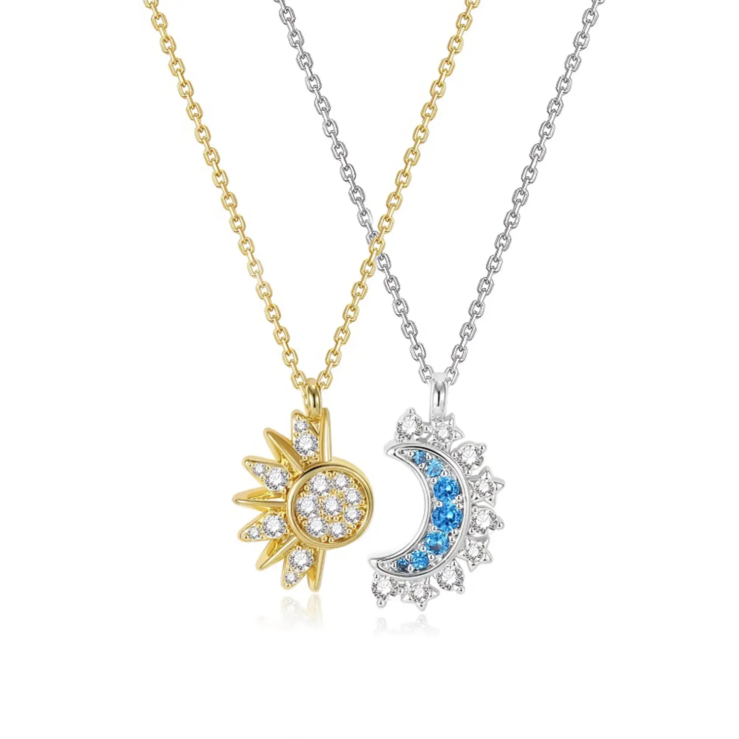 Sun Moon Necklace Set, Stackable Celestial Pendant Necklace, Sparkling Gold Silver Rhinestone Sun & Moon Matching Couple Necklace, Trendy Friendship Jewelry Gift for Girlfriend Boyfriend Wife Best Friend Daily Wear Party Accessories