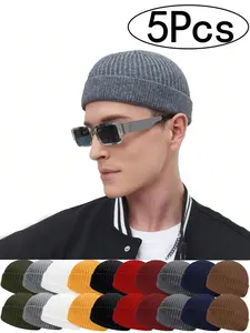 5Pcs-Men's Winter Windproof Knit Hat, Women's Outdoor Sports Running Cycling Warm Cap, Fitted Casual Plain Design, Fall & Winter, Knitted Hat, Beanie Hat