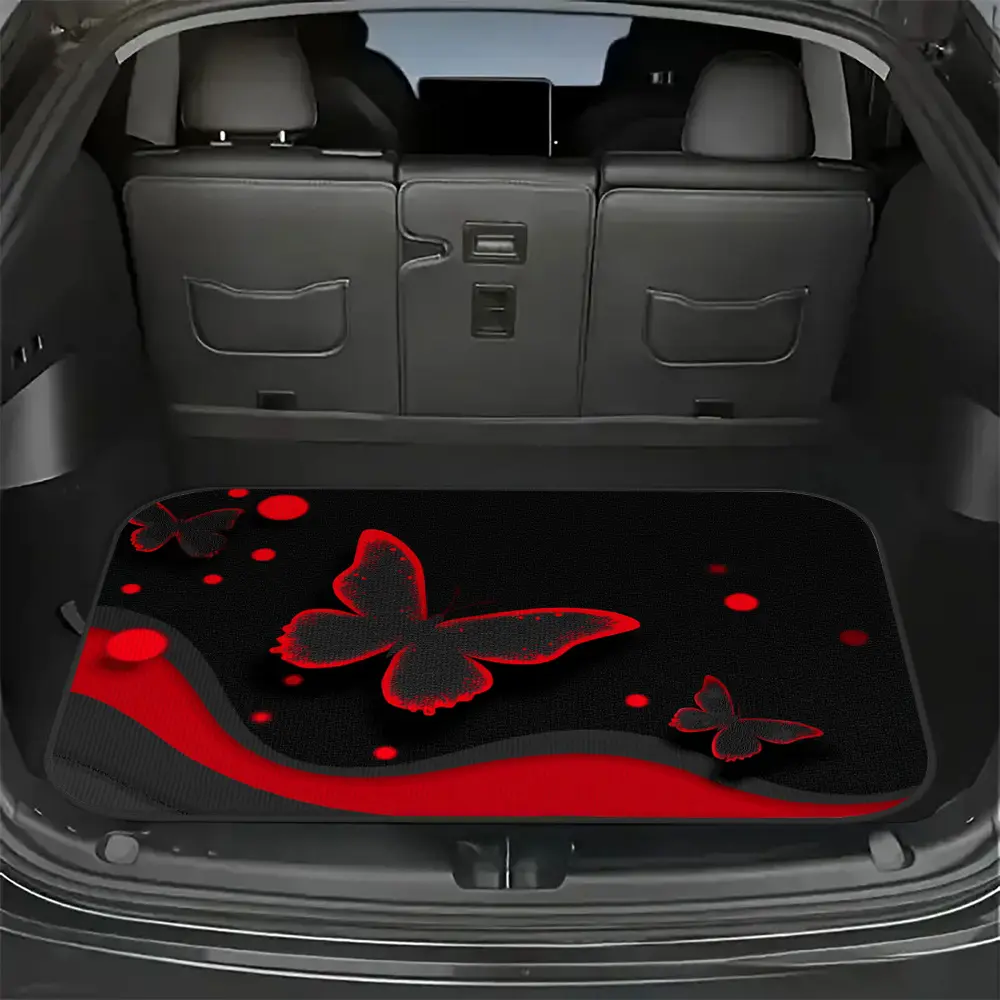 1pc Black Red Butterfly Pattern Car Trunk Mat, Car Interior Accessory, Polyester Cargo Area Mat or Boot Liner for SUVs, Cars, Trucks, Decorative Accessory, Easy Clean Mat, Car Accessories