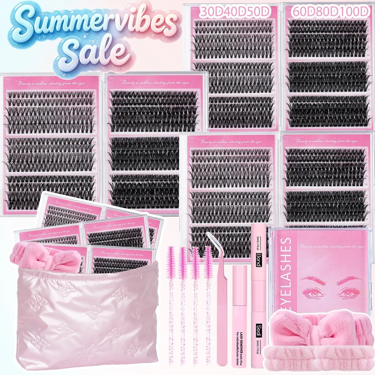 Lash Cluster Extensions Set, Eyelashes Clusters, 30D/40D/50D-60D Mixed Lashes Clusters, 9-16mm, Soft & Lightweight Lash Clusters With Bond&Seal, Remove, Tweezers, Handband, Wristband and Brushes, Easy DIY Salon Look at Home Long-Lasting Glam for Beginners