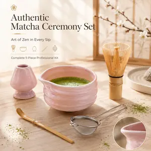 This 5-piece authentic Japanese matcha ceremony set includes a pink ceramic matcha bowl with a bamboo whisk, tea spoon, whisk stand, and matcha powder sieve for traditional matcha brewing.