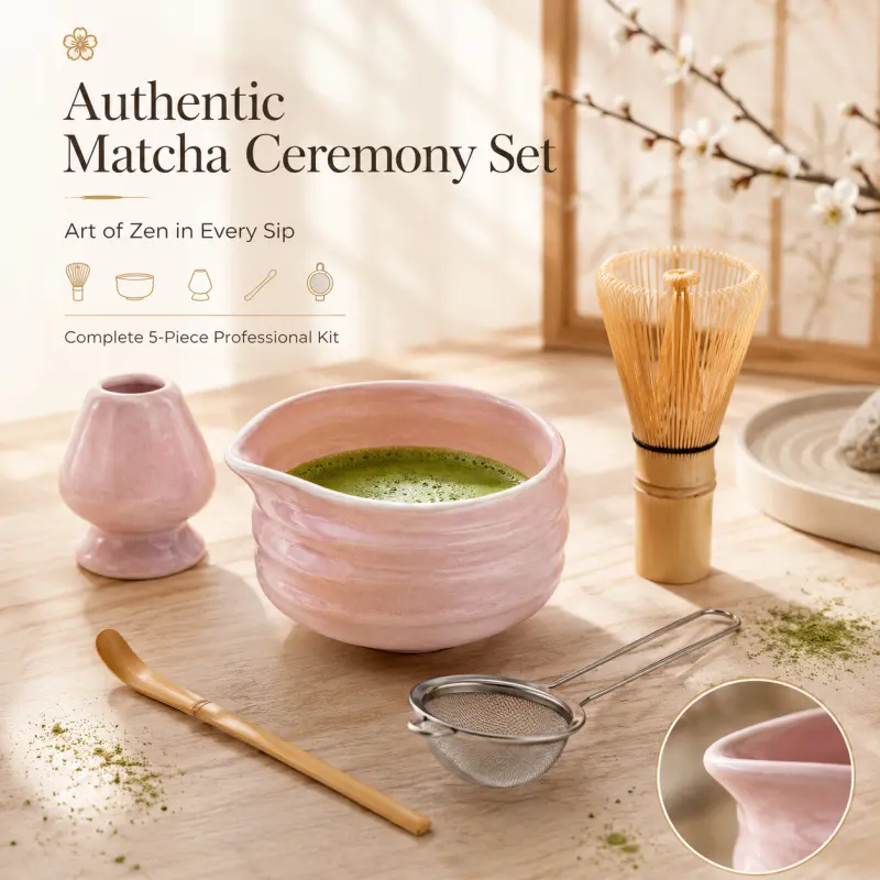 This 5-piece authentic Japanese matcha ceremony set, Ceremonial Matcha Kit, Japanese Tea Tools, includes a pink ceramic matcha bowl with a bamboo whisk, tea spoon, whisk stand, and matcha powder sieve for traditional matcha brewing.