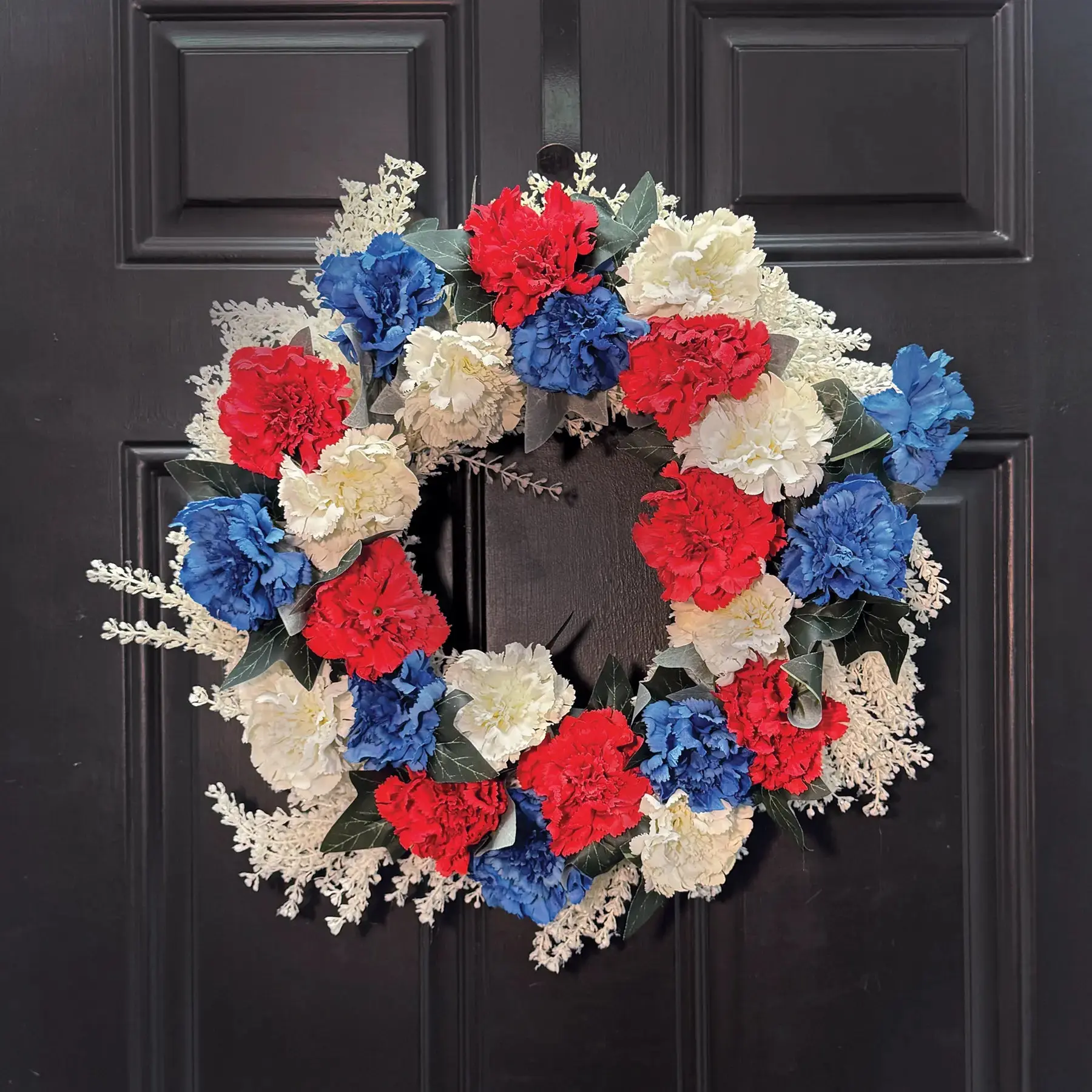 Handmade Patriotic Floral Front Door Wreath - Red, White & Blue Carnation Flowers on Gypsophilia Base, 4th of July, Memorial Day Americana Front Door Decor, All Seasons Festive Decorations