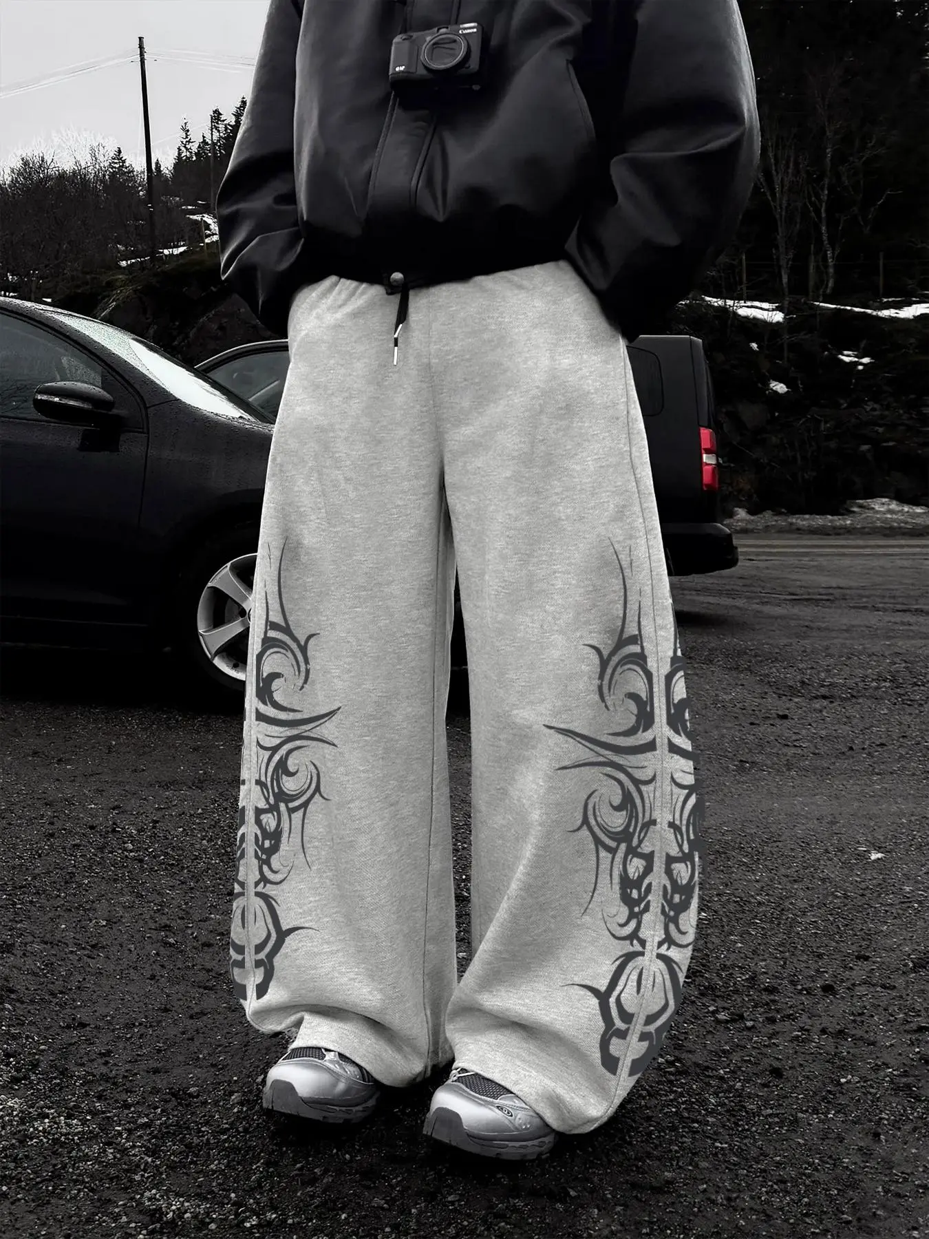Gothic Pattern Print Street Style Adjustable Drawstring Knit Sweatpants, Casual Fashion Fit for Fall & Winter, Comfortable Daily Wear for All Occasions