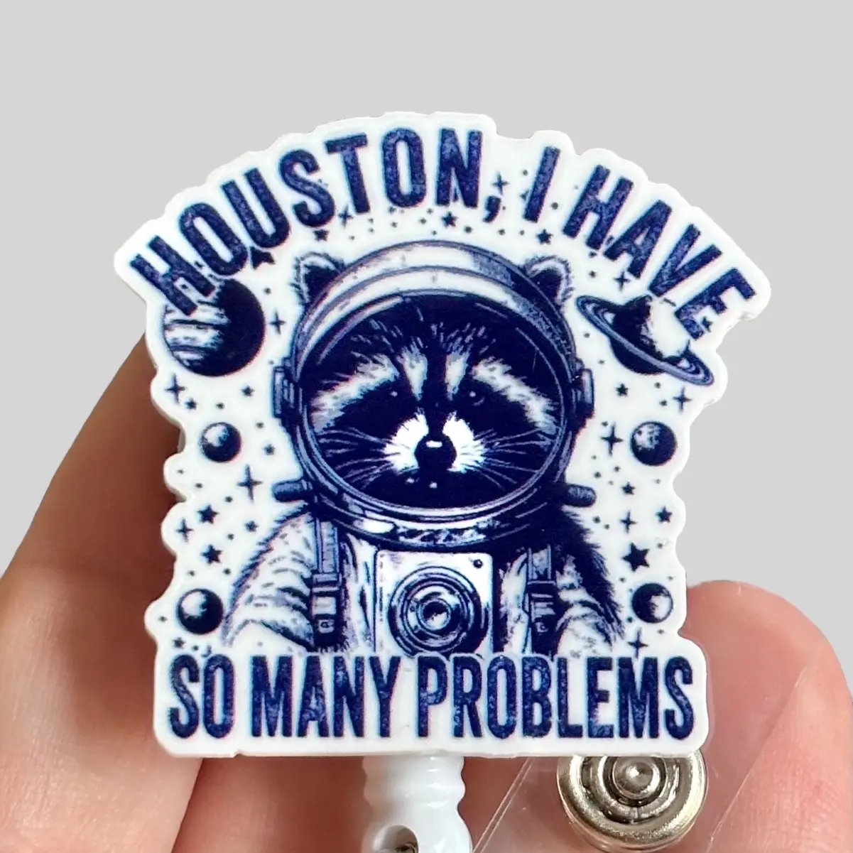 Glitter My Badge Funny raccoon badge reel for nurse and hospital workers. Badge clip Badge pull - Retractable swivel clip with a 360 rotation. Great gift for coworker. Badge reel for men.