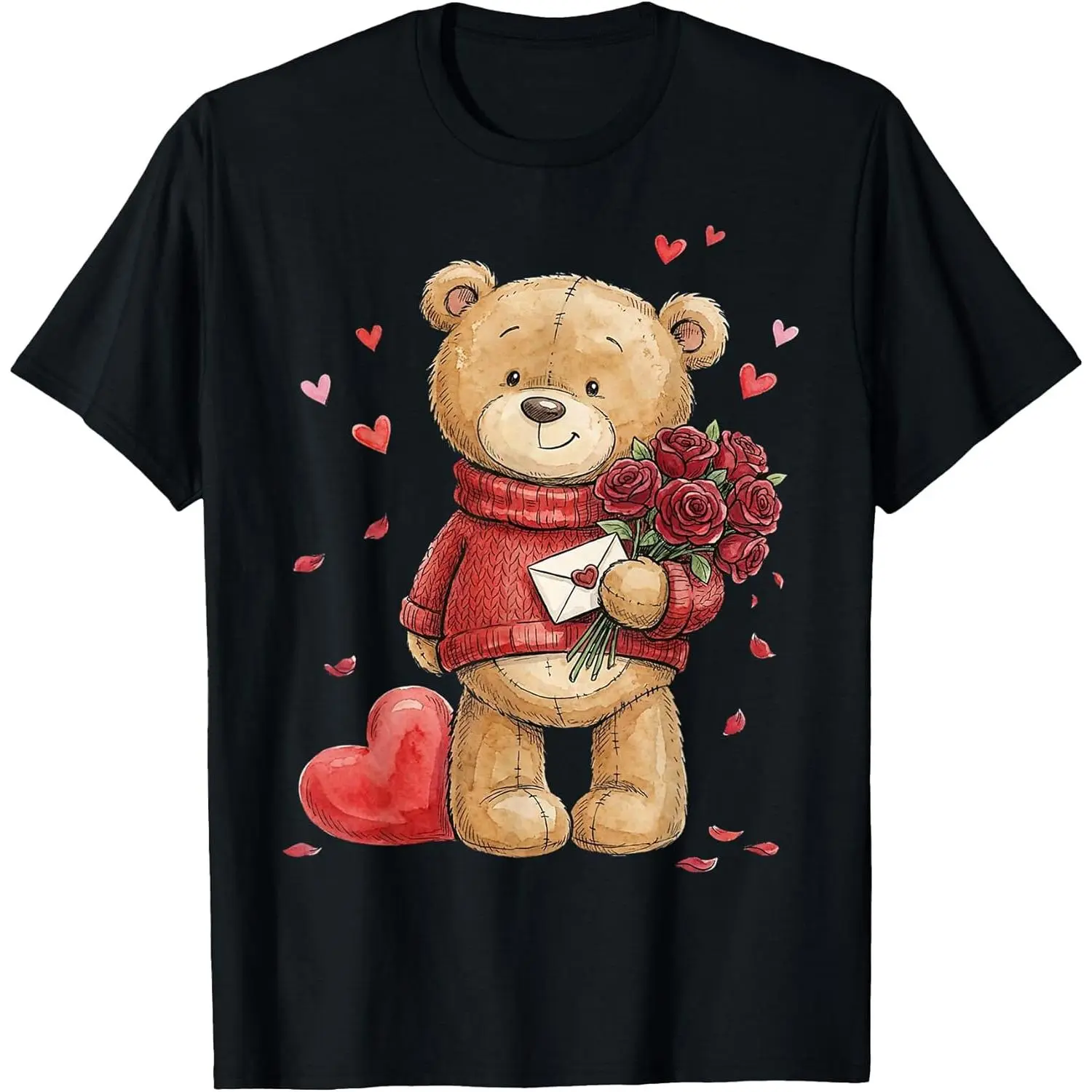 Men's Graphic Teddy Bear Roses Heart Short-Sleeve T-Shirt - Soft Fabric Top for Valentine's Day, Tshirt, Shortsleeve, Outfits, Everyday, Piece, Print, Solid, Cotton, Round Neck, Style