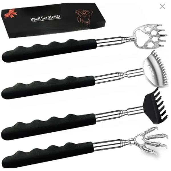 4-Piece Stainless Steel Multi-Functional Back Scratcher Gift Set - Retractable Body Care Tool with Extendable Handle, Durable Construction, Rubber Grips, Decorative Packaging for Holiday Gifting & Itch Relief
