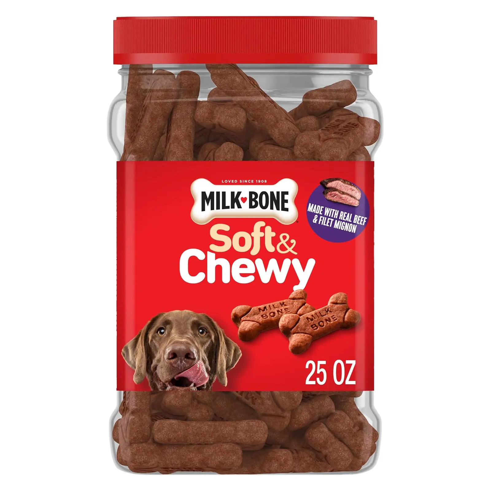Milk-Bone Soft & Chewy Dog Treats, 25 Oz. Canister Made with real beef & filet mignon, tender dog treats, easy to chew, for dogs of all ages and sizes