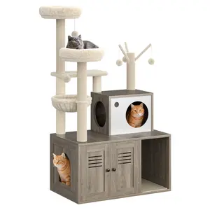 Cat Litter Box Enclosure w/ Tree Tower & Condo – Hidden Pet Washroom Furniture with Sisal Scratching Post, Hammocks & Soft Plush Perch – Wooden Cat Furniture with Multiple Platforms