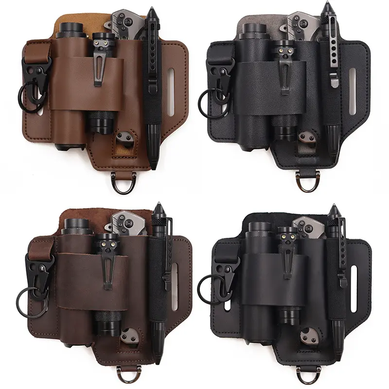 Outdoor Enthusiasts' Must-Have! Cross-Border EDC Tactical Leather Holster, Waist Pack Design, Stores Flashlights & Knives, Aids Wilderness Survival