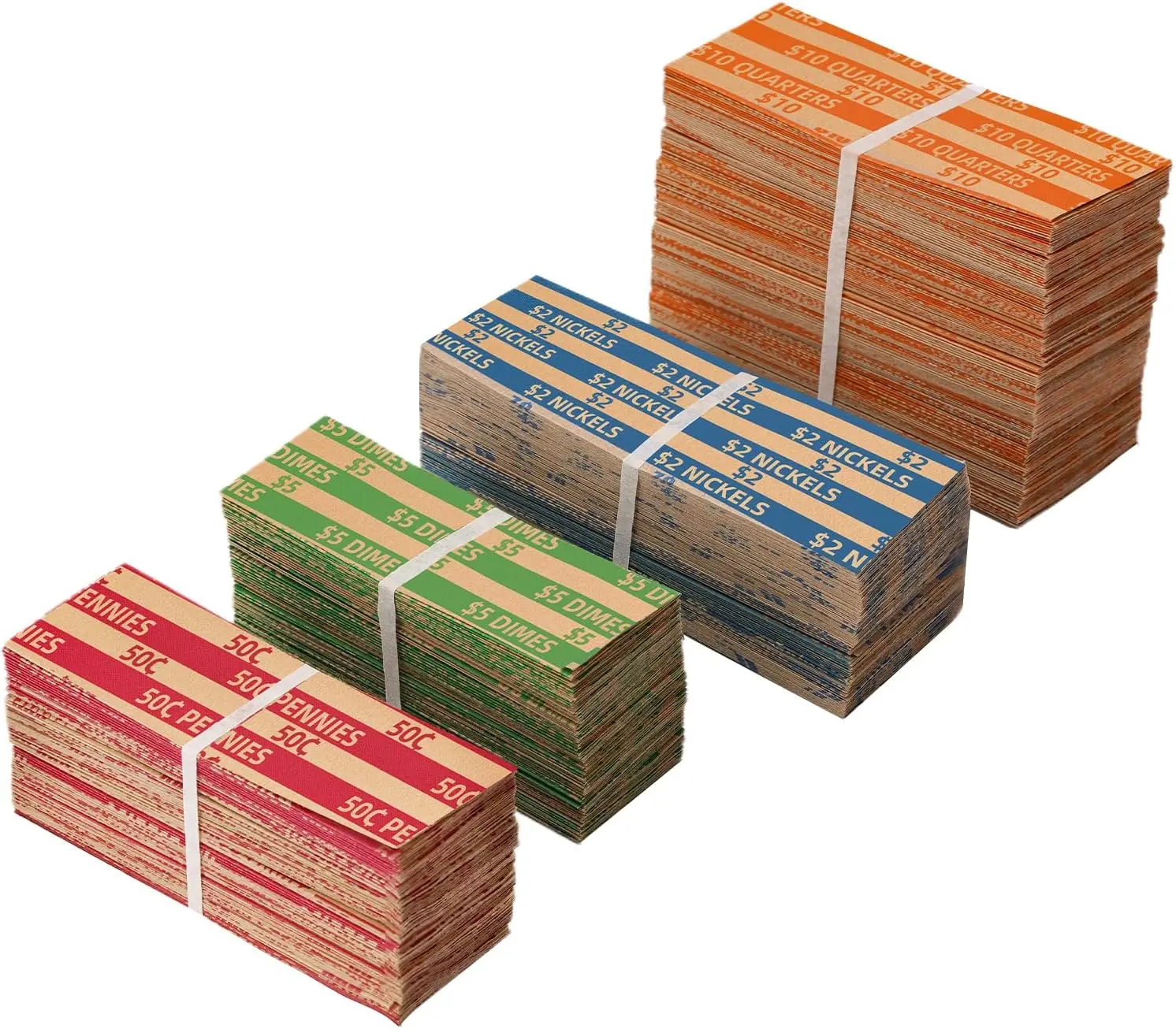 Coin Wrappers Assorted 500 Flat Stripped Coin Roll Wrappers for All Coins Including 200 Quarter Wrappers and 100 Each of Penny, Nickel, Dime Wrappers
