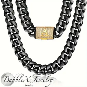 Bubble X Mens Gold Diamond initial letter (M-Y) cucan link 14mm necklace 18K gold plated black stainless steel Miami thick gold buckle necklace hip hop jewelry 16-30 inches