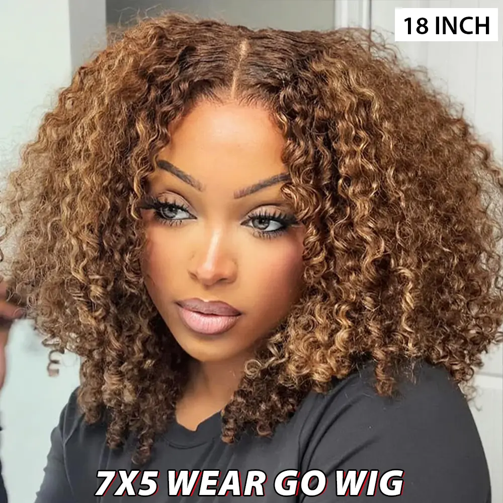 CurlyMe Wear Go Glueless Kinky Curly P4/27 Highlight Ombre Color Human Hair Wig 180% Density 7x5 Pre-cut Transparent Lace Front Wig Pre-plucked Natural Hairline Shipping in 24H #summerwins #DealsForYouDays
