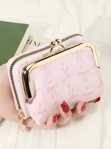 Fashionable women's elegant bow pattern printed Zipper Wallet Design, can be split and used with multiple card slots and multifunctional women's short wallet, Zipper Coin Purse, suitable for carrying around when going out