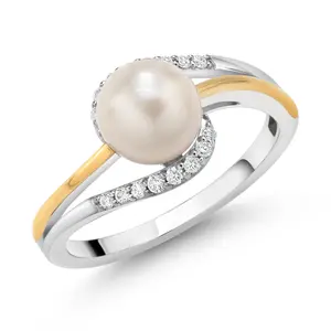 Gem Stone King 7-7.5MM Cultured Freshwater Pearl and Lab Grown Diamond Ring For Women | 925 Sterling Silver and 10K Yellow Gold | Fine Jewelry Gifts for Her Mom Wife