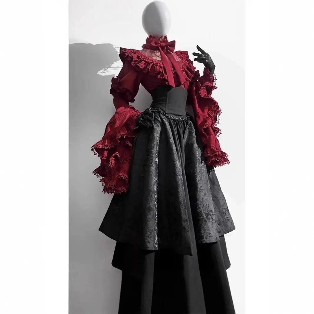 Women's Vintage Victorian Gothic 2-Piece Suit - Burgundy Lace Ruffle Bell Sleeve Shirt, Black Corset, High Waist Jacquard Long Overskirt for Dark Elegant Party Cosplay