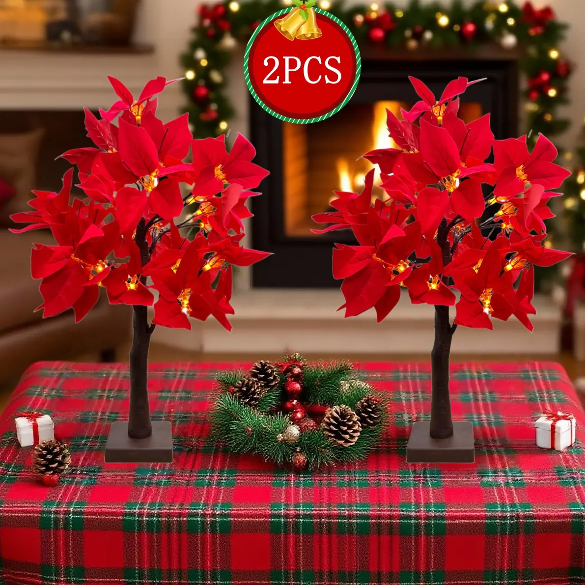 Battery-Operated LED Red Flower Shape Christmas Tree Decorative Lights - 1/2-Piece Set, Art Deco Abstract Theme, Warm Glow Indoor Living Room Centerpieces Festive Decorations (Batteries Not Included), Indoor Lighting