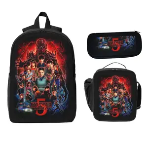 Stranger Things Season 4 Theme Teen Backpack 3-Piece Set Black Vecna Backpack Pencil Case Lunch Bag Unisex Collaboration Stationery Set for Fans