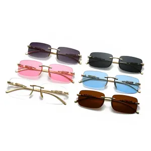 Trendy Rimless Sunglasses with Colored Lenses – Retro Metal Frame Shades featuring Cheetah Detail, Color-Changing Fashion Eyewear for Street Style, Parties, Vacation, Everyday Wear