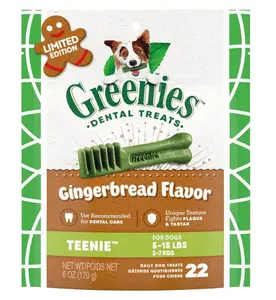 Greenies Gingerbread Flavor Teenie Size, Veterinarian-Recommended for Dental Care, Dog Treat Chews, Great Holiday Dog Stocking Stuffers, Limited Edition, 6 oz. Pouch (22 Treats)
