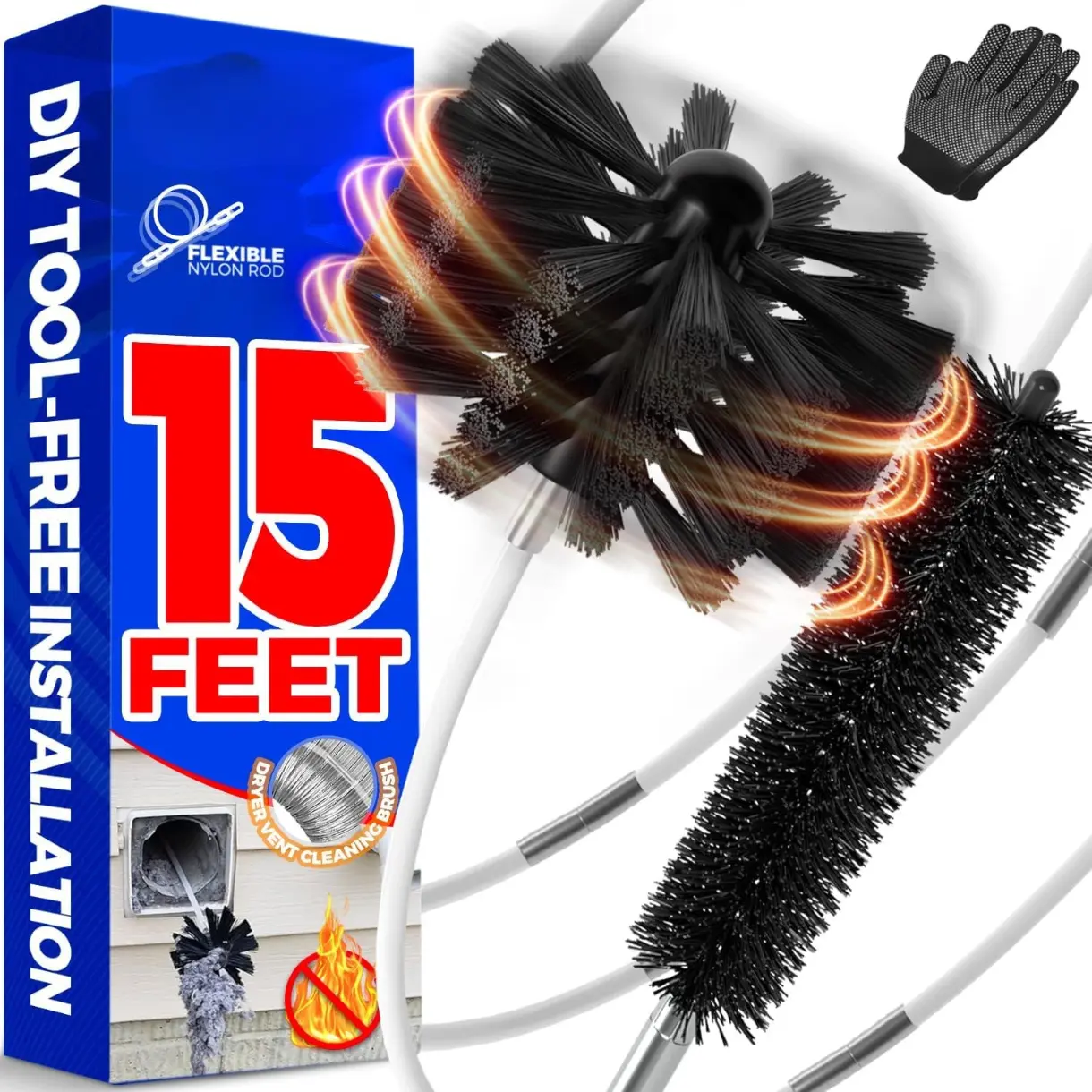 15 Feet Dryer Vent Cleaner Kit, Lint Remover, Extends Up to 15 Feet, Synthetic Brush Head, Use with or Without a Power Drill