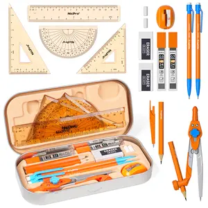 Nicpro 17-Piece Compass Geometry Set with Dual Scales, Metal Tin, Math Protractor, Rulers, Mechanical Pencils, Lead Refills, Square for Students' Class & Back to School Office Stationery Supplies