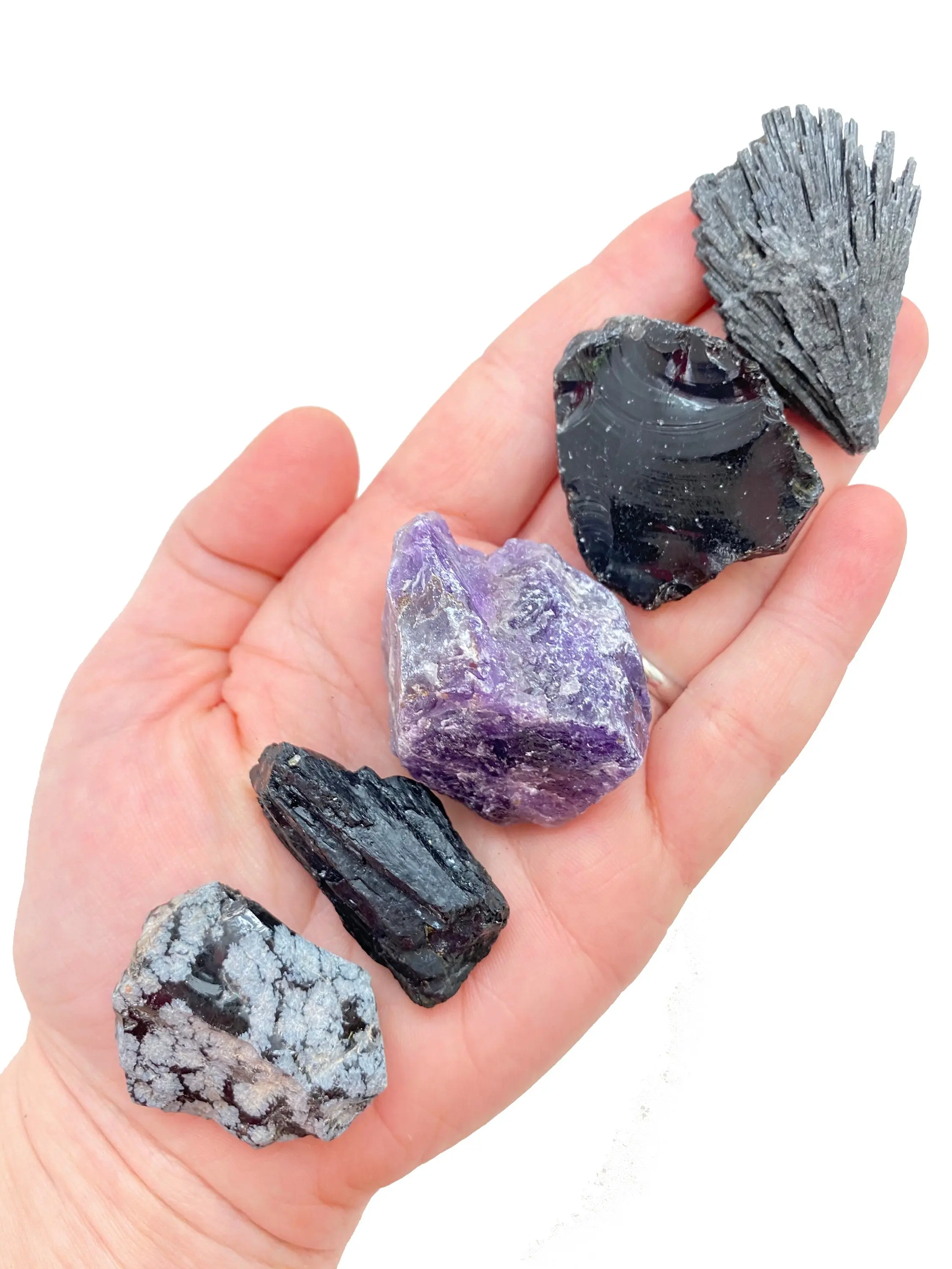New Moon Beginnings Negative Energy Protection Stone Set - Raw Amethyst, Black Tourmaline, Snowflake Obsidian, Black Kyanite & Black Obsidian