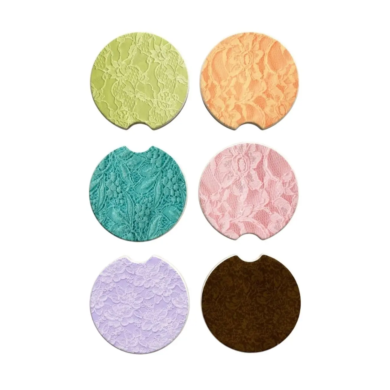 Elegant Lace Soapstone Car Coasters with Finger Notch - Floral Pattern Absorbent Cup Holder Inserts