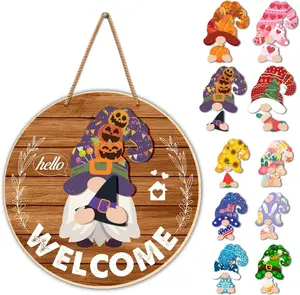 Interchangeable Gnome Welcome Sign Halloween Door Decorations Summer Fall Changeable Wooden Gnomes Front Porch Decor Wall Hanging Wreath Hangers for All Seasons Holiday Christmas (21 Pcs)