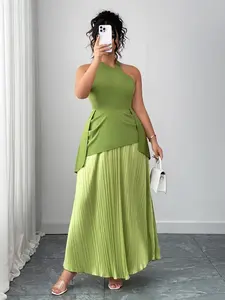 Plus Size Backless Asymmetrical Halter Neck Top & Pleated Long Skirt Set, Casual Party Vacation, Multi-Scene Wear, Women's Fashion, Womenswear