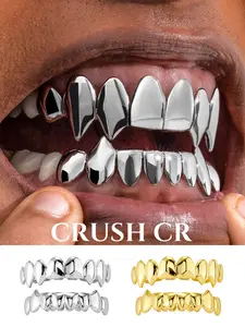 CRUSH CR 18K Gold Plated Vampire Mirror Fang Full Mouth Grillz Aesthetic Accessory, Silver/Gold Options,  Perfect For Hip Hop Concerts, Club Nights Streetwear Styling Halloween Costume Parties, Ideal For Men & Women