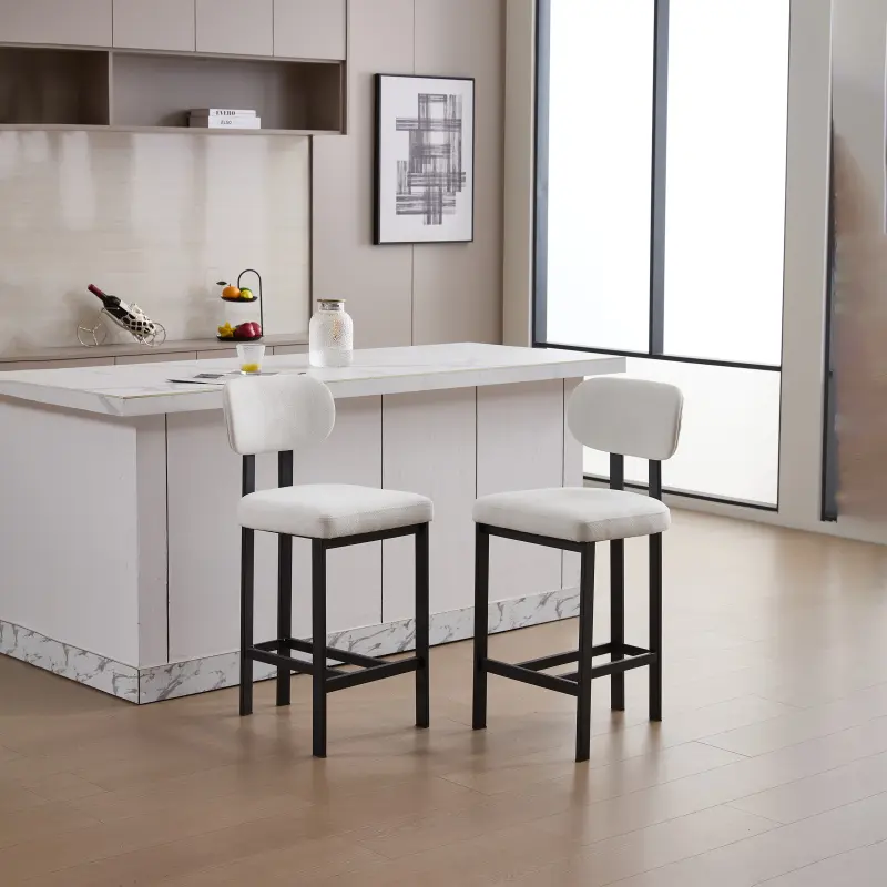 Bar Stools Set of 2, Modern Upholstered Fabric Counter Height Barstools, Kitchen Island Chairs with Black Metal Legs for Dining Room/Kitchen Island/Bar, Cream