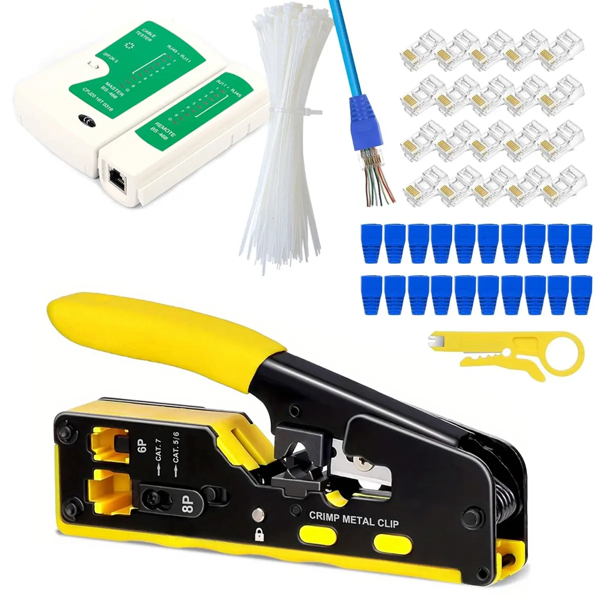 RJ45 Crimp Tool Kit Set All-in-One Ethernet Crimper Cat7 Cat6 Cat5 Crimping Tool with Installation Network Cable Tester, 20pcs Cat5 RJ45 Pass Through Connector, 20pcs Connector Boots, Connector Covers for Home, Network Connect Wire Strippers, Toolkit